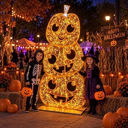 Illuminated pumpkin stack Halloween display at an outdoor event